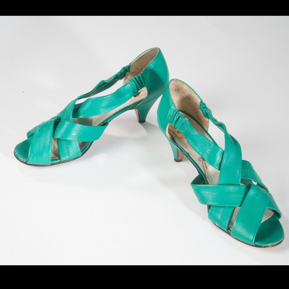 Vintage 80s Teal Leather Strappy Shoes